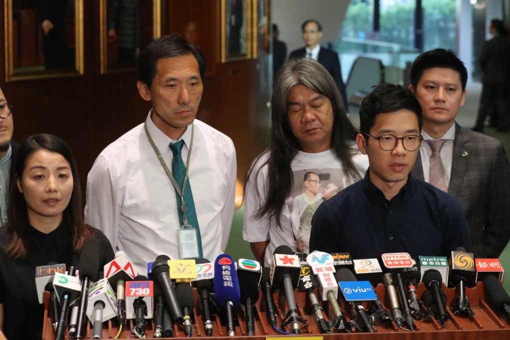 (L to R) Shiu Ka-chun, Lau Siu-lai, Edward You Chung-yim, Leung Kwok-hung, Nathan Law Kwun-chung and Jeremy Tam Man-ho. Photo: Edward Wong