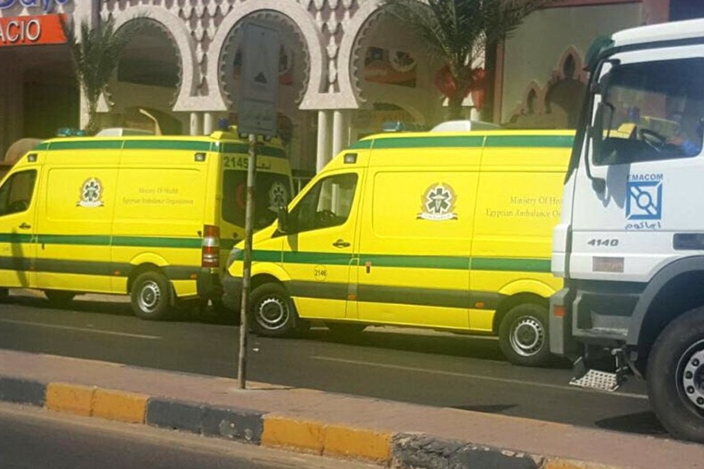 Ambulances wait in front one of two beach resorts were a stabbing attack occurred, in Hurghada, southeast of Cairo, Egypt, on Friday, July 14, 2017. Two German women were killed in the attack. Photo: EPA