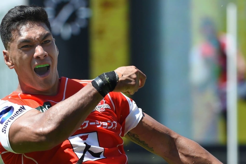 Timothy Lafaele of the Sunwolves reacts after scoring a try against the Blues. Photo: AFP
