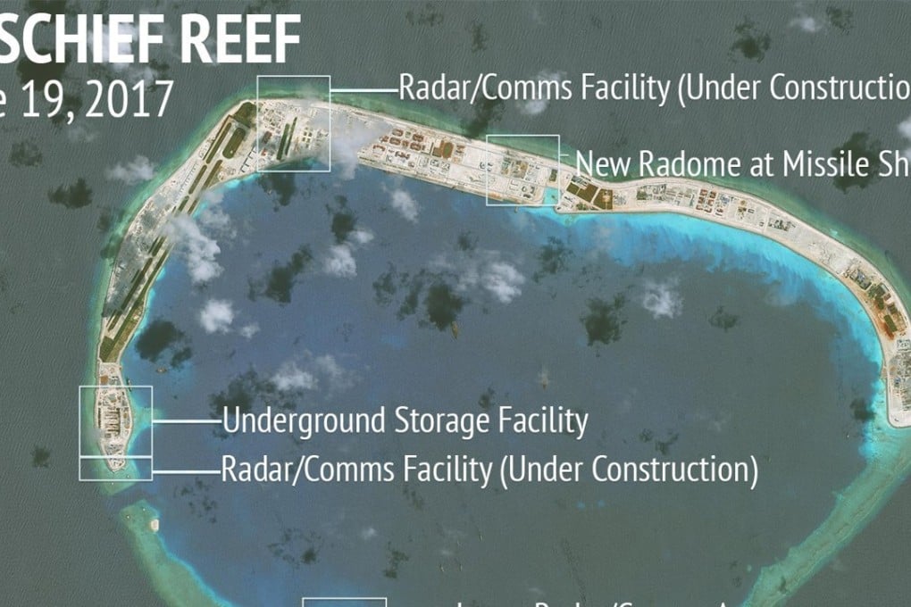 Construction on Chinese-held Mischief Reef in the Spratly Islands in the South China Sea, June 19, in a photo released by CSIS Asia Maritime Transparency Initiative at the Centre for Strategic and International Studies. Photo: CSIS/AMTI DigitalGlobe