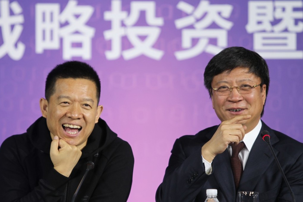 Jia Yueting (L), founder and Chairman of LeEco, and Sun Hongbin, Chairman of Sunac China Holdings Ltd, attend a press conference regarding the strategic investment cooperation in Beijing on Jan. 15, 2017. Photo: SCMP/Simon Song