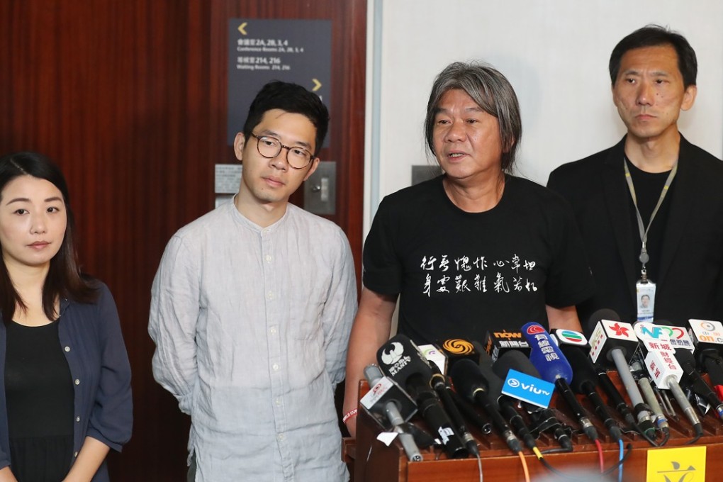 Four disqualified lawmakers (L to R) Lau Siu-lai, Nathan Law Kwun-chung, Leung Kwok-hung and Edward Yiu Chung-yim meet the media at Legco Building. Photo: Edward Wong