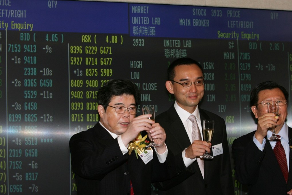 (L to R) Wang Wenjian, chairman and executive director for Sunny Optical Technology, Tony Tsoi Tong-hoo, a member of the Listing Committee, and Choy Kam-lok, chairman and executive director for The United Laboratories International Holdings, attend the two companies' listing ceremony at Hong Kong stock exchange in June. Photo: SCMP