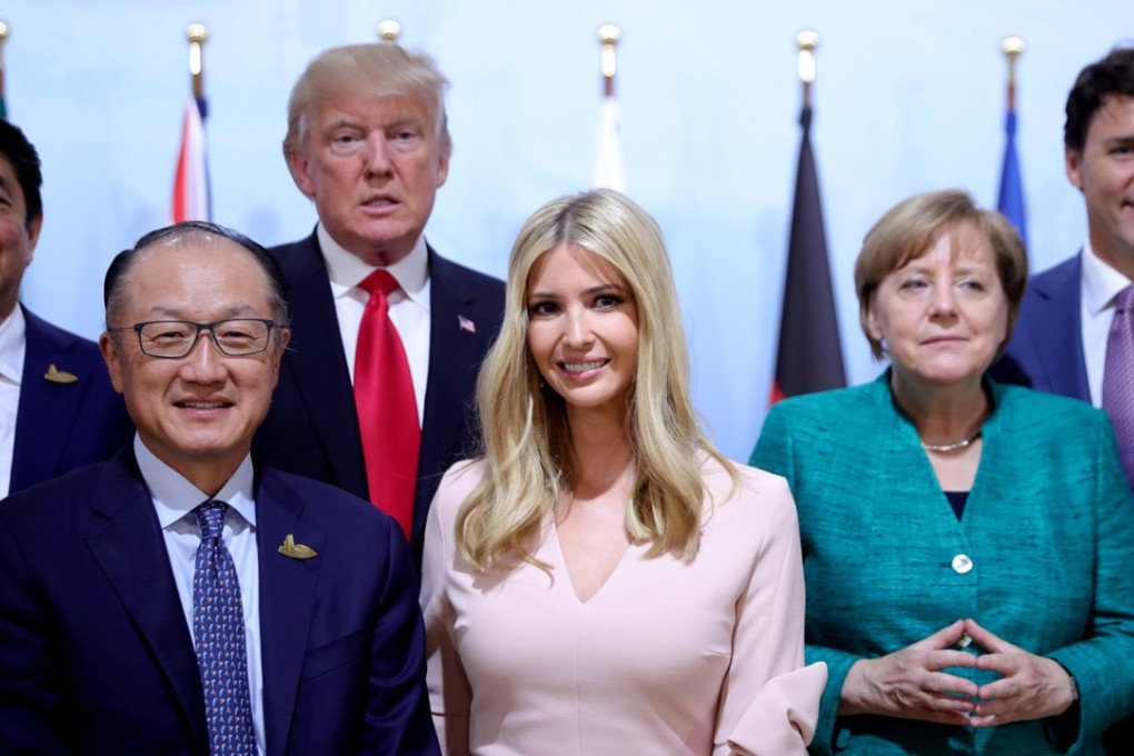 US first daughter Ivanka Trump takes her place among elected world leaders, including her father Donald Trump, and World Bank President Jim Yong Kim (front row, left), at the Women’s Entrepreneurship Finance event during the G20 leaders’ summit in Hamburg, on July 8. Photo: Reuters