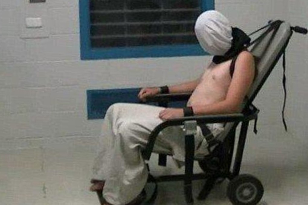 A teen identified as 17-year-old Dylan Voller was shackled to a restraint chair with a hood placed over his head, before being left alone for hours. Photo: ABC