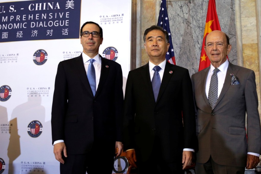US Treasury Secretary Steve Mnuchin (left), US Commerce Secretary Wilbur Ross (right) and China's Vice-Premier Wang Yang gather before the US-China Comprehensive Economic Dialogue in Washington to discuss economic and trade issues. Photo: Reuters