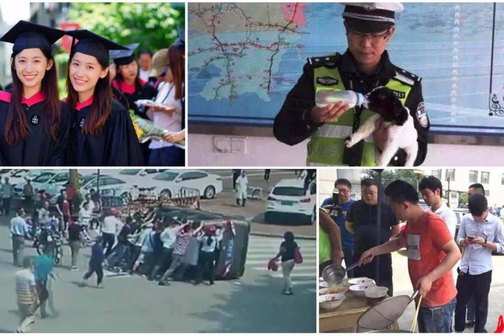 (Clockwise from top left) Popular twins graduate from Harvard, a baby goat finds a new home, a man sells noodles for his son's treatment and passers-by band together to help - and more positive tales from China.