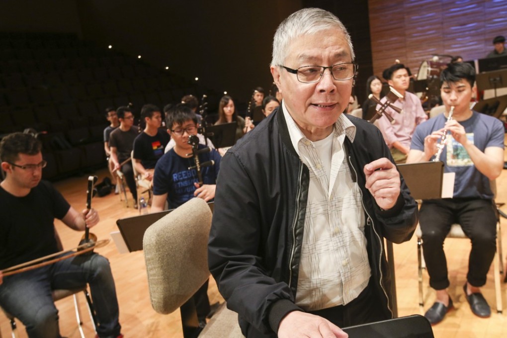 Cantonese opera master Yuen Siu-fai rehearses with a 60-strong orchestra at the Academy for Performing Arts. Photo: David Wong