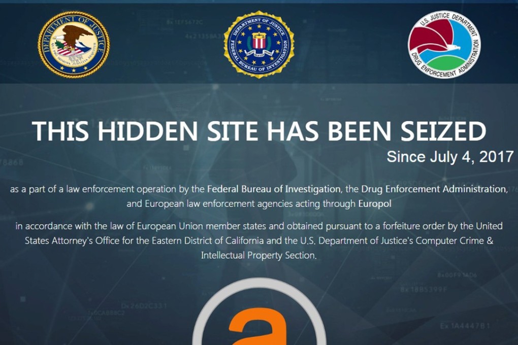 US Justice Department image shows a web screen after it had shut down the dark web marketplace AlphaBay, the site accused of allowing hundreds of thousands of people to buy and sell drugs, firearms, computer hacking tools and other illicit goods. Photo: Reuters