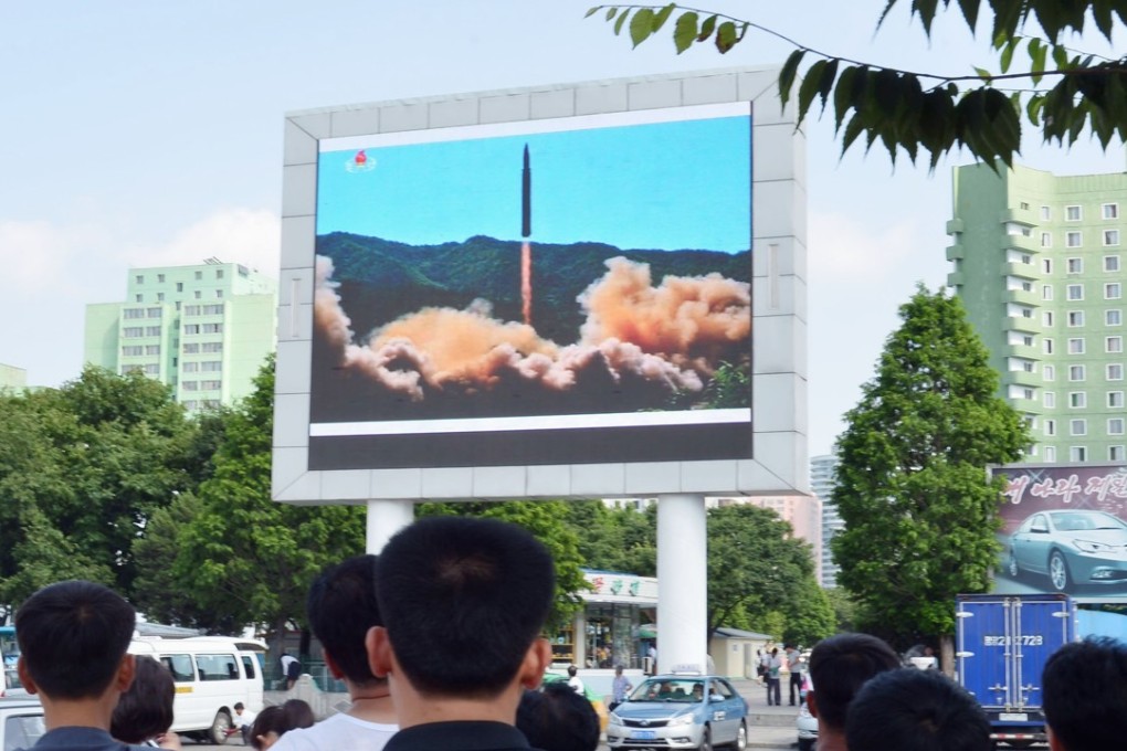 A large screen in Pyongyang shows North Korea’s first successful launch of an intercontinental ballistic missile. Photo: Kyodo
