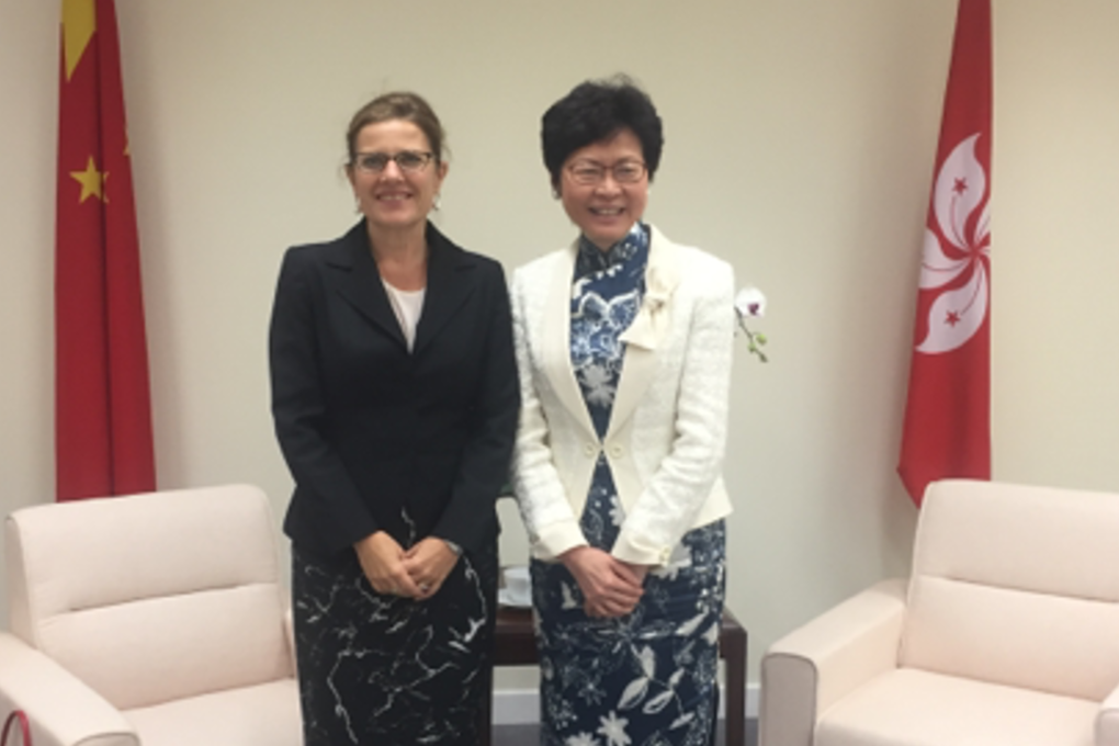 Michaela Browning with Carrie Lam. Photo: Handout