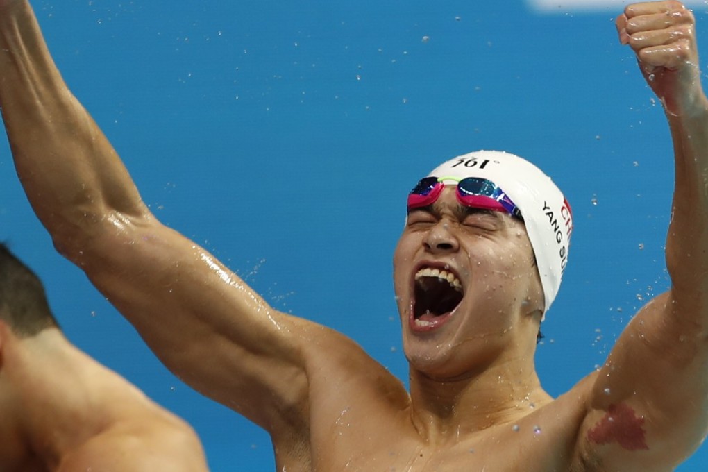 An ecstatic Sun Yang after seeing off Mack Horton to win the 400m freestyle final. Photo: Xinhua