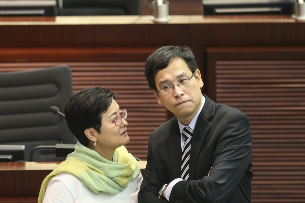 Helena Wong Pik-wan (left) and Ip Kin-yuen attend the Legislative Council Finance Committee meeting on funding applications for education. Photo: David Wong
