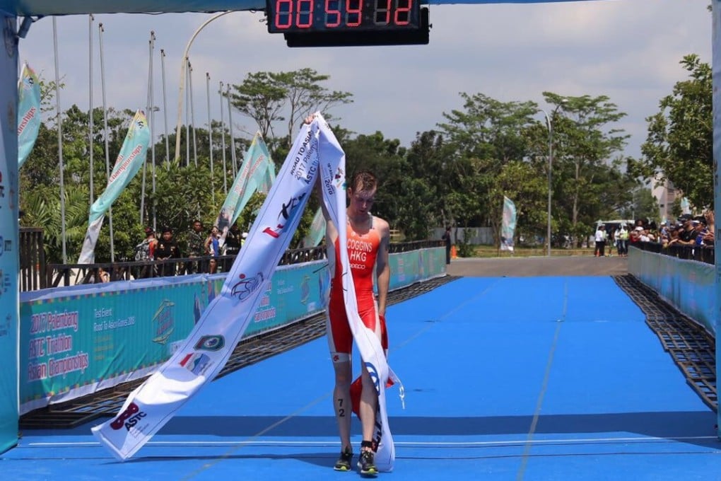 Oscar Coggins crosses first in the junior men’s category at the Asian Triathlon Championships in Indonesia. Photo: Handout