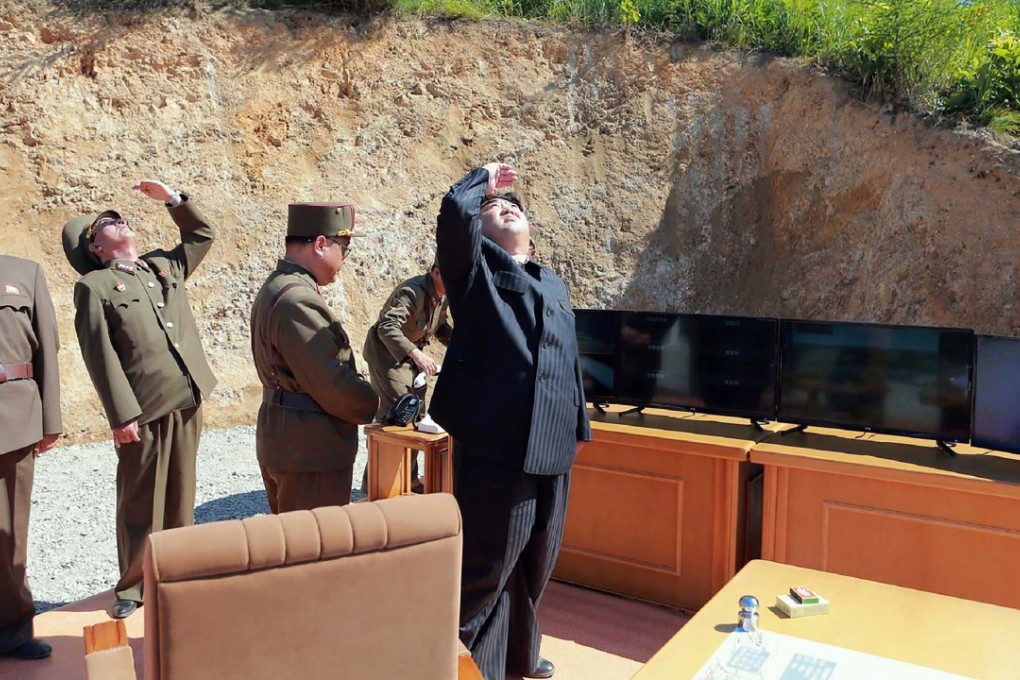 North Korean leader Kim Jong-un inspects the successful test-firing of the intercontinental ballistic missile Hwasong-14, at an undisclosed location on July 4. Photo: AFP/KCNA via KNS
