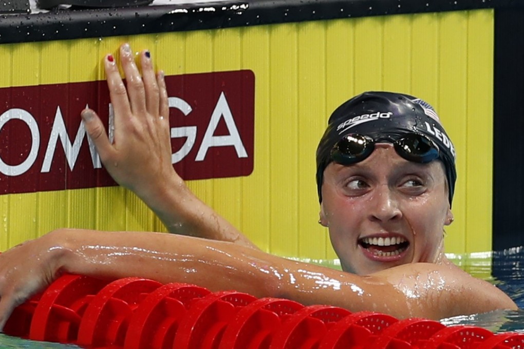 Katie Ledecky of the United States reacts after the winning the 1,500-metre freestyle. Photo: Xinhua