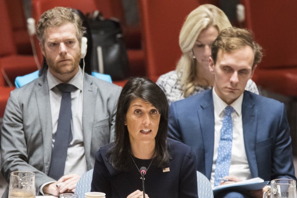 American Ambassador to the United Nations Nikki Haley speaks during a Security Council meeting. She said work on new sanctions against North Korea is making progress with the assistance of China. Photo: AP