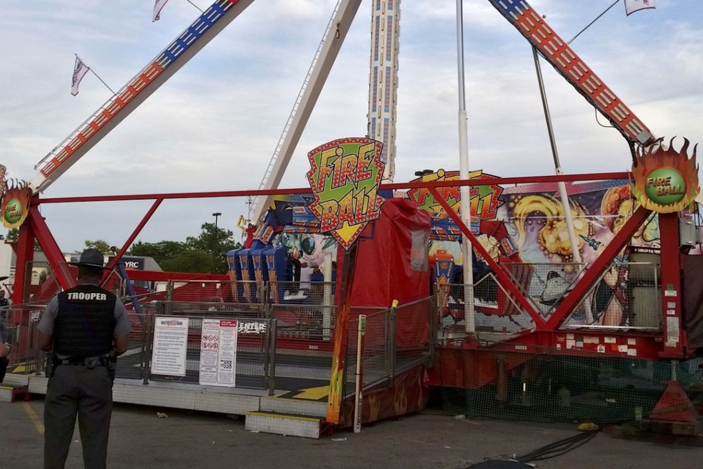 Authorities stand near the Fire Ball amusement ride after the ride malfunctioned at the Ohio State Fair, killing one person on Wednesday night. Photo: AP