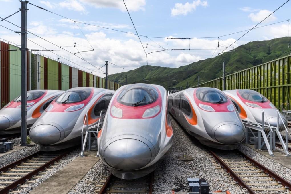 Guangzhou-Shenzhen-Hong Kong express rail link trains in Hong Kong, after being delivered from the manufacturer in Qingdao. Photo: Handout