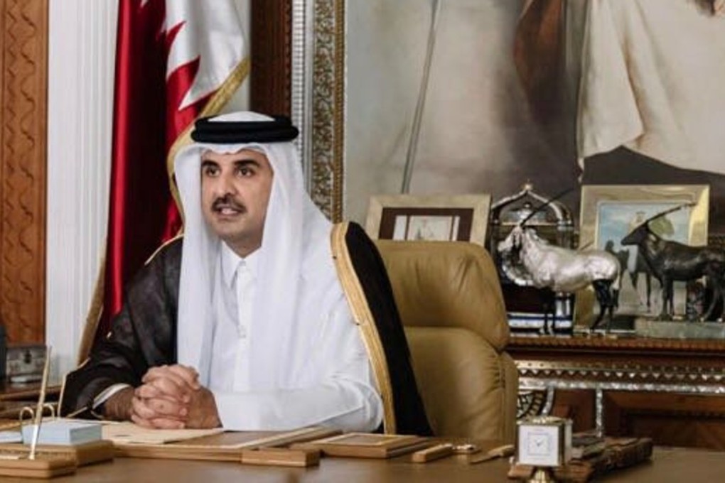 The Emir of Qatar, Sheikh Tamim bin Hamad al-Thani, delivers a televised speech in Doha. The country has filed a complaint at the WTO over the trade boycott against it by its neighbours led by Saudi Arabia. Photo: Reuters