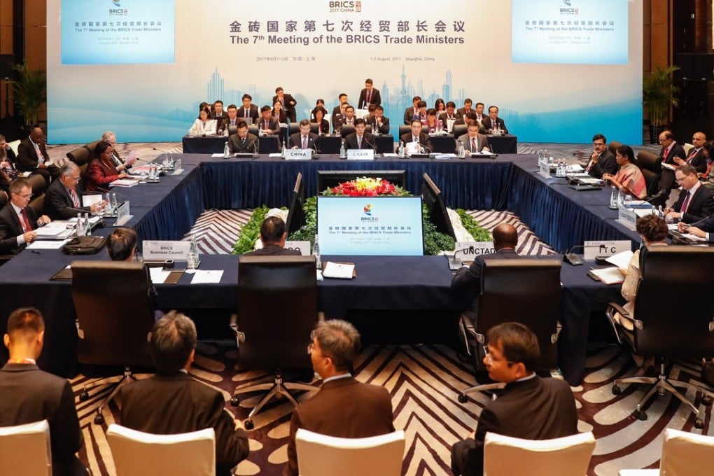 BRICS trade ministers on the first day of their annual meeting in Shanghai on Tuesday. Photo: Xinhua
