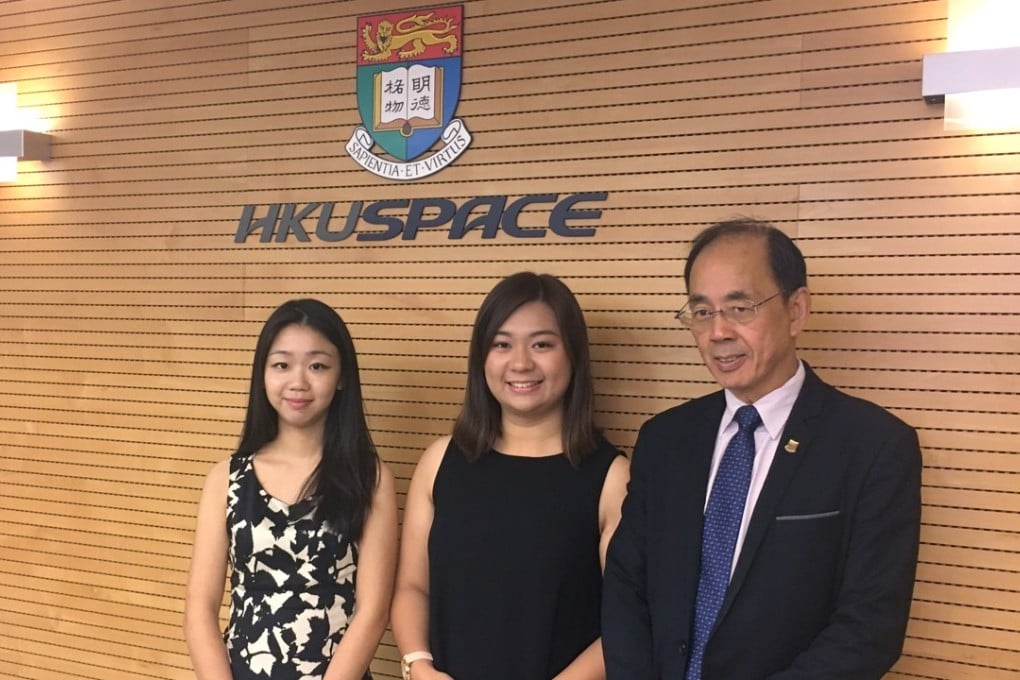 HKU SPACE alumna Sarabe Chan Lok-lam, who went on to graduate from the University of Hong Kong; Angel Ng Yuen-ying, another alum now pursuing a degree at Australia's Griffith University; and Professor Chan Lung-sang, HKU SPACE principal. Photo: Peace Chiu