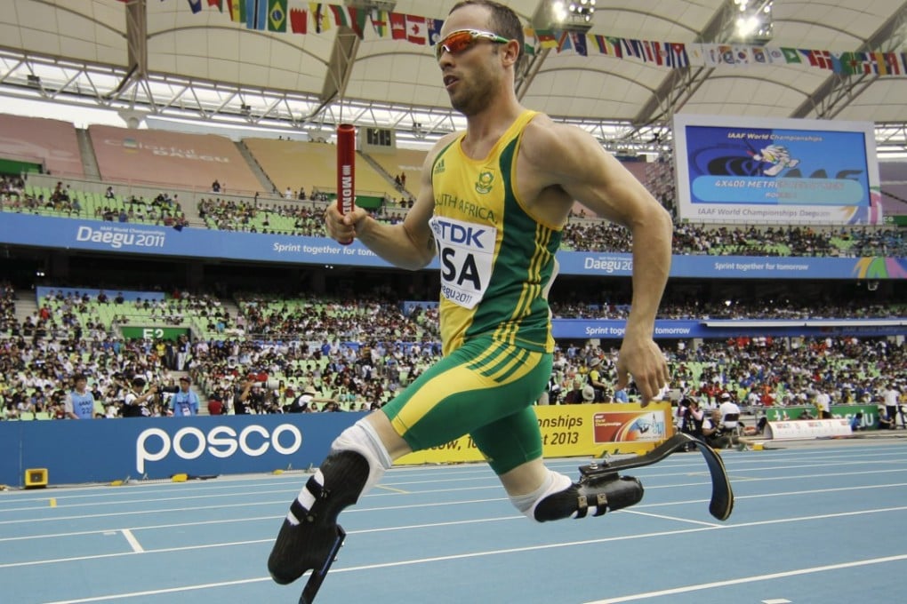 In this 2011 file photo, South Africa's Oscar Pistorius competes in a qualification round for the Men's 4x400 metre relay at the World Athletics Championships in Daegu, South Korea. Double-amputee Pistorius was taken to hospital complaining of chest pains. He is serving a jail term for killing his girlfriend, Reeva Steenkamp. Pistorius, Photo: AP