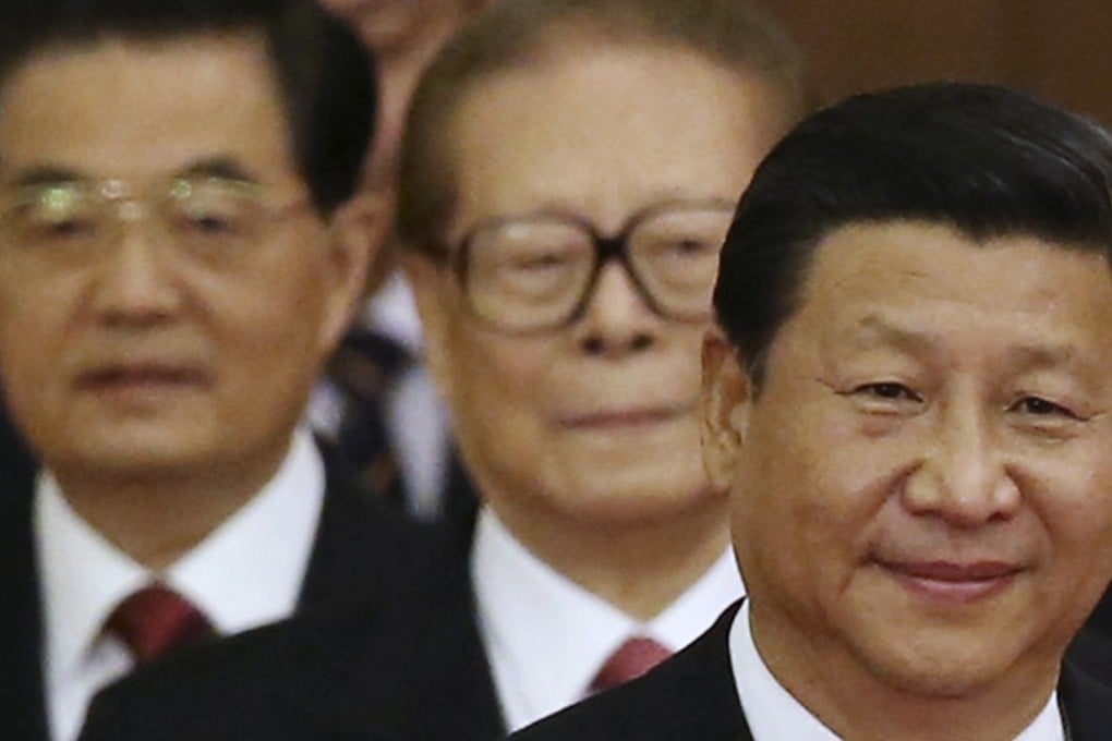 China’s President Xi Jinping, right, stands with retired leaders Jiang Zemin, centre, and Hu Jintao at a National Day Reception in 2014. Photo: Reuters