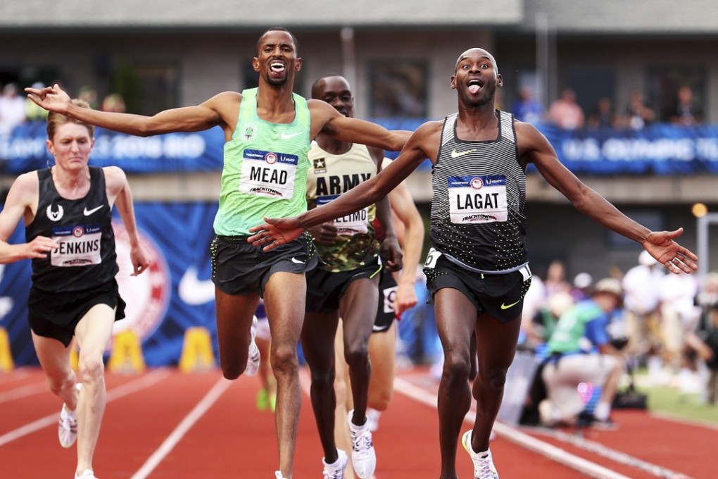 Bernard Lagat, 40, takes first place – beating Hassan Mead, who is 15 years younger – in the men’s 5,000 metre final at the 2016 US Olympic trials. Photo: AFP