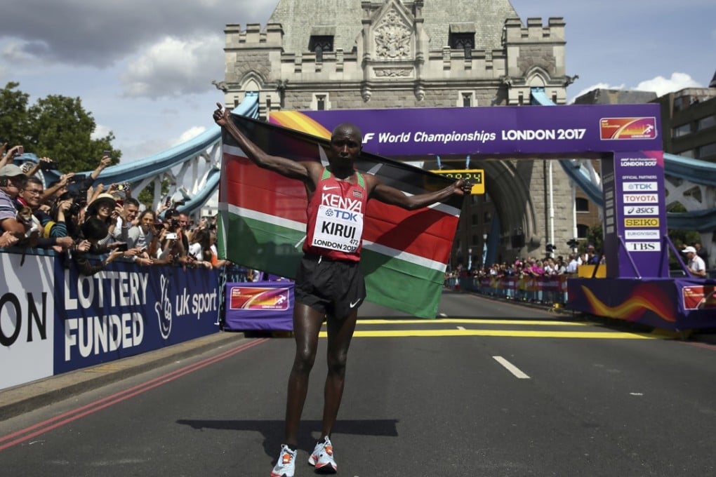 Kenya's Geoffrey Kirui celebrates after winning the gold medal in the men’s marathon at the World Athletics Championships in London. Photo: AP