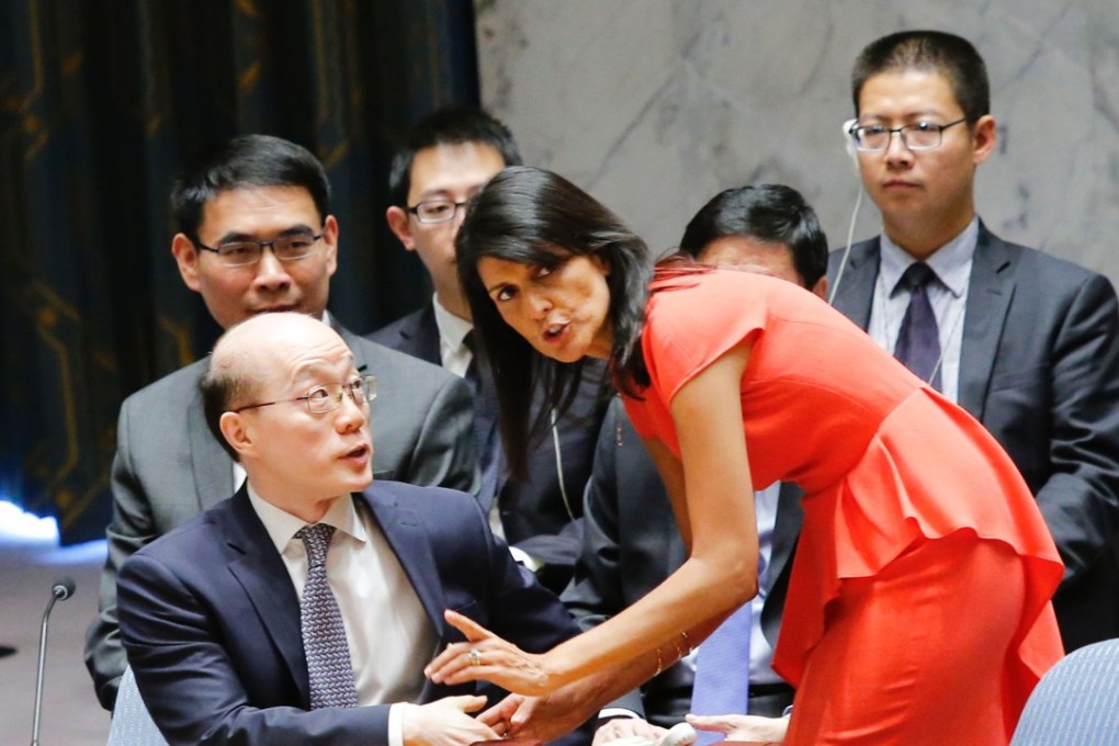 Nikki Hayley, the American ambassador to the UN in discussion with her Chinese counterpart Liu Jieyi ahead of Saturday’s vote to impose sanctions on North Korea. Photo: AFP