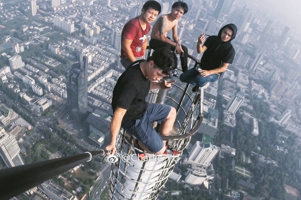 Members of the group at the top of the Zifeng tower in Nanjing. Photo: Handout