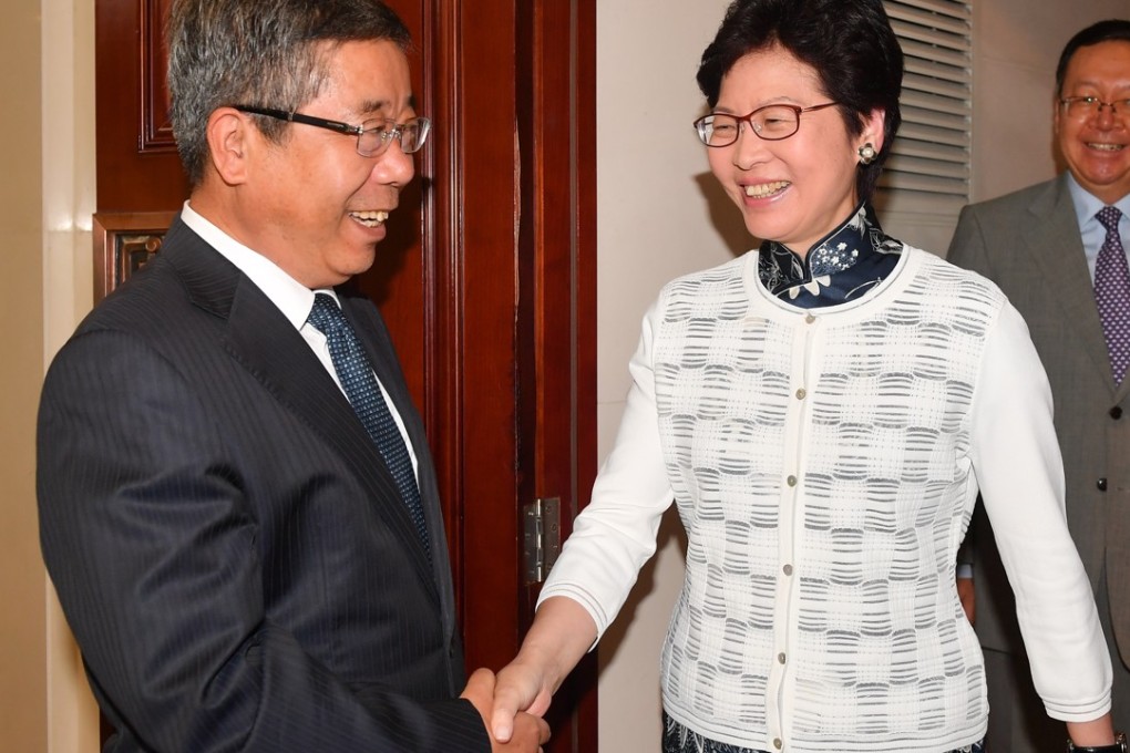 Chinese education minister Chen Baosheng welcomes Chief Executive Carrie Lam in Beijing. Photo: ISD