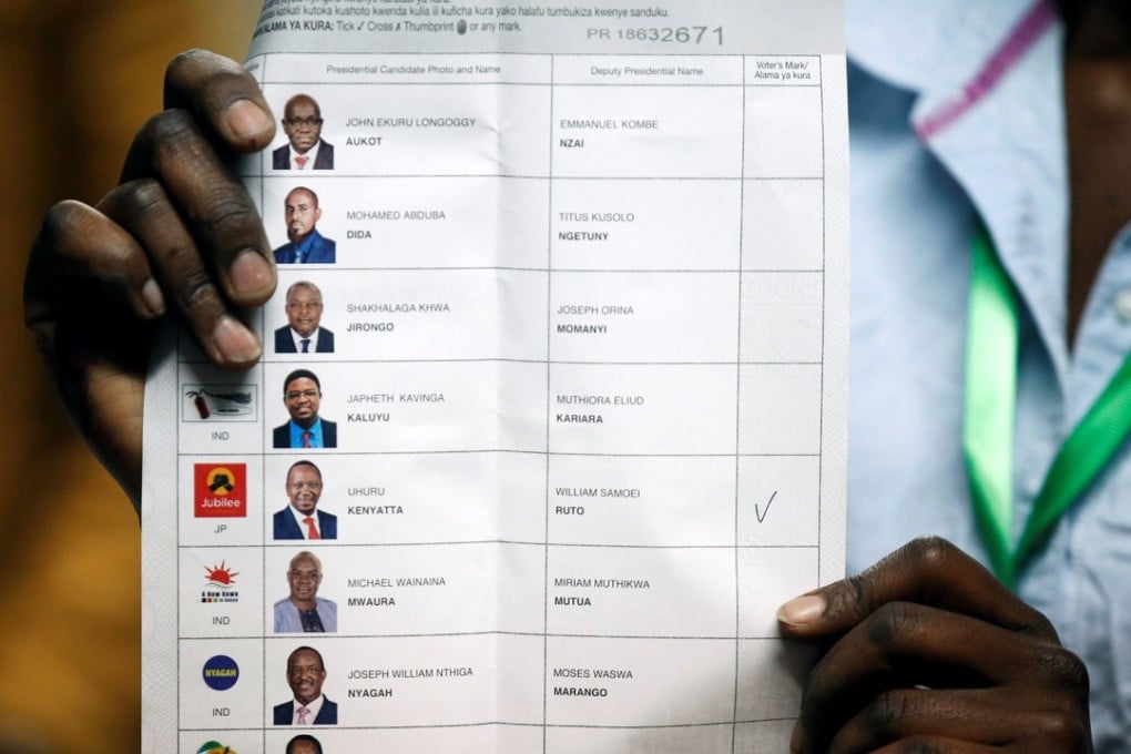 An election official from the Independent Electoral and Boundaries Commission (IEBC) holds a presidential candidates ballot marked for President Uhuru Kenyatta. Photo: Reuters