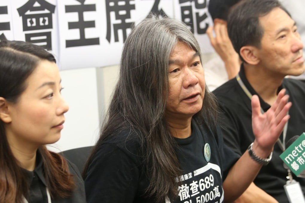 Lau Siu-lai, “Long Hair” Leung Kwok-hung and Edward Yiu, three of the four disqualified lawmakers, at a press conference at the Legislative Council building on Wednesday. Photo: David Wong