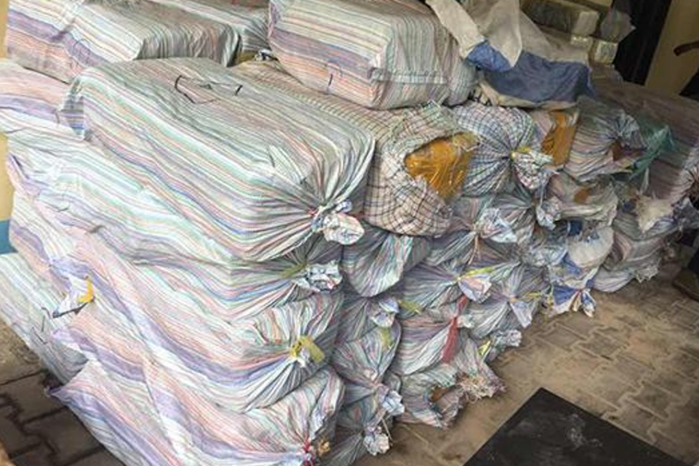 Sacks containing the speed pills found at a house in Tachileik township, opposite Chiang Rai's Mae Sot. Photo: Chinnaphat Chaimol/Bangkok Post