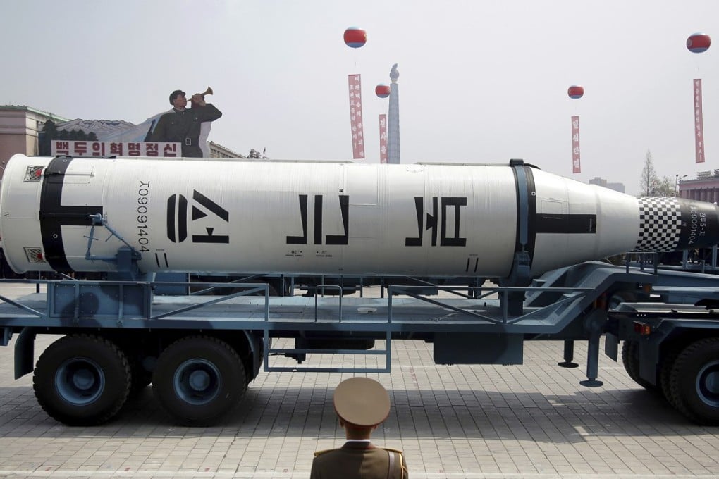 A submarine-launched Pukguksong missile displayed in Pyongyang, North Korea earlier this year. Photo: AP