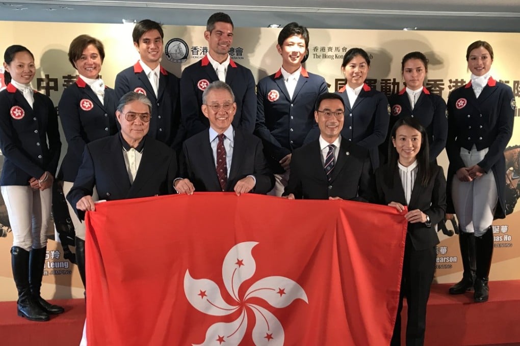 (Front row, from L to R) Timothy Fok Tsin-ting, Anthony Chow, deputy chairman of Jockey Club, Michael Lee, Hong Kong Equestrian Federation president and Angela Kong, deputy chef d’equipe send Hong Kong’s equestrianism team off to the National Games in Tianjin. Photos: Handout