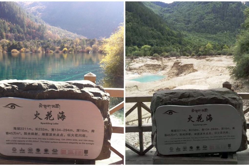 Water has draining from Sparkling Lake, one of the most iconic attractions at Jiuzhaigou, since the quake. Photo: Handout