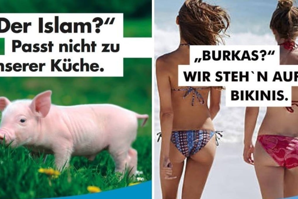 Posters by Germany's anti-immigrant AfD party. The piglet poster has been pulled because it provoked sympathy for pigs instead of German culture - but the bikini girls stay. Photo: AfD