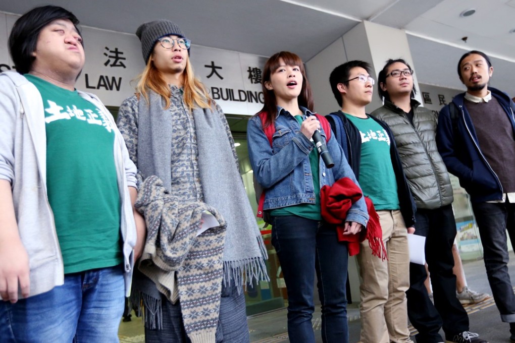 (From left) Chu Wai-chung, Leung Hiu-yeung, Ho Kit-wang, Raphael Wong Ho-ming and Lau Kwok-leung are among the 13 activists convicted for unlawful assembly. Photo: Nora Tam
