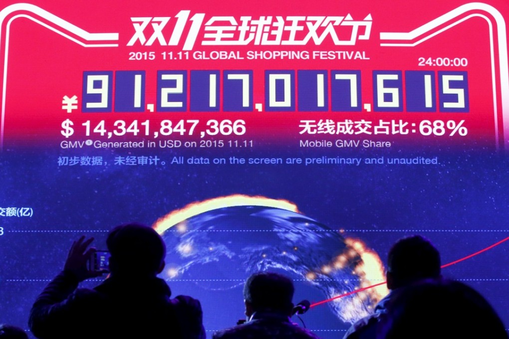 A screen showing the total value of goods transacted during Alibaba’s 11.11 global online shopping festival in Beijing, on November 12, 2015. Photo: Reuters
