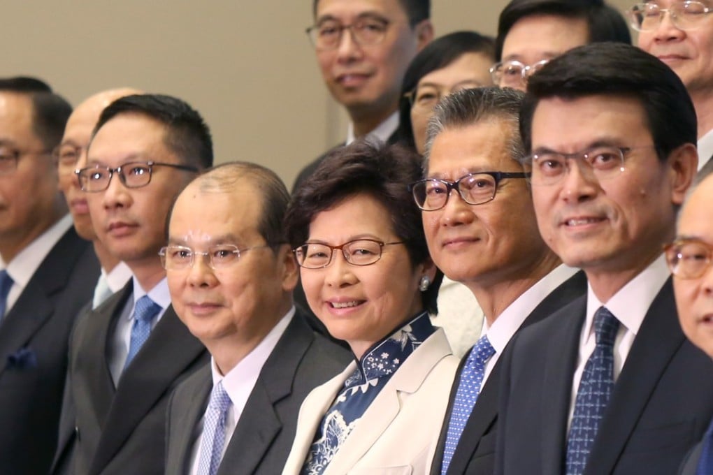 Then chief executive-elect Carrie Lam presents her cabinet at the government headquarters in Tamar, on June 21. Photo: Xiaomei Chen
