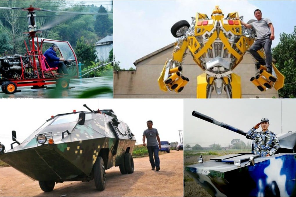 (Clockwise from top left) A helicopter, Transformer, tank and armoured tank - all made at home.