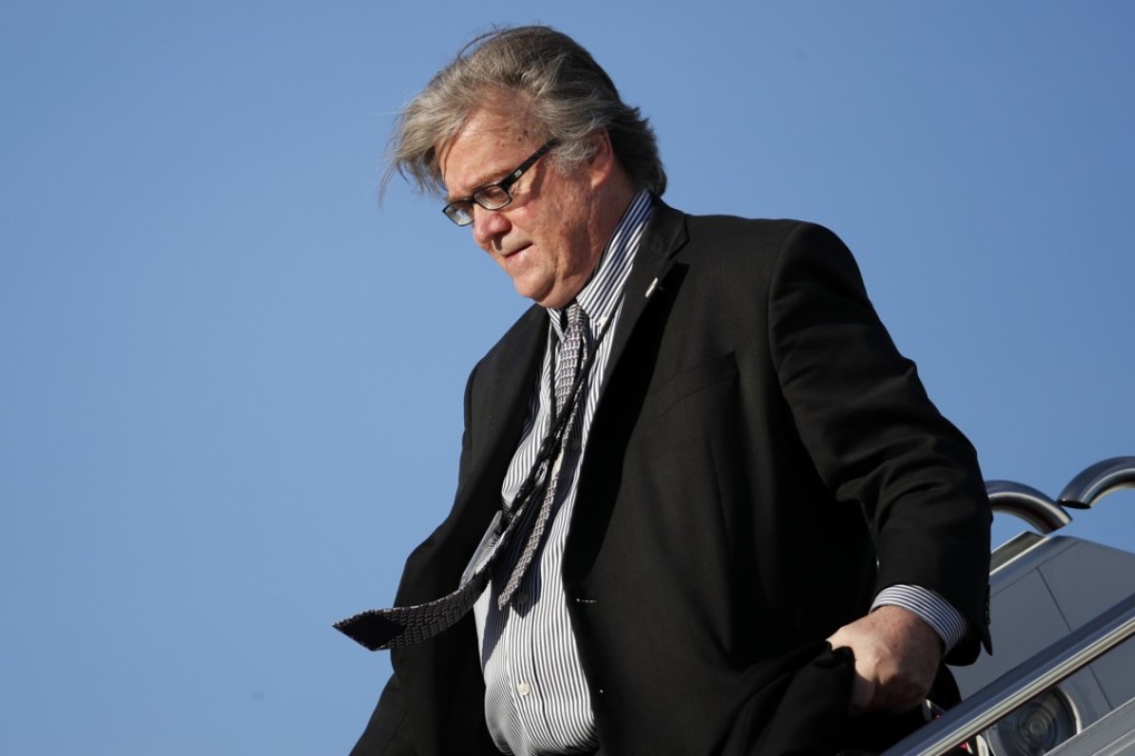 FILE – In this April 9, 2017 file photo, White House chief strategist Steve Bannon steps off Air Force One at Andrews Air Force Base, Md. Bannon, a forceful but divisive presence in President Donald Trump's White House, is leaving. Trump accepted Bannon's resignation Friday, Aug. 18, 2017, ending a turbulent seven months for his chief strategist, the latest to depart from the president's administration in turmoil. (AP Photo/Alex Brandon, File)