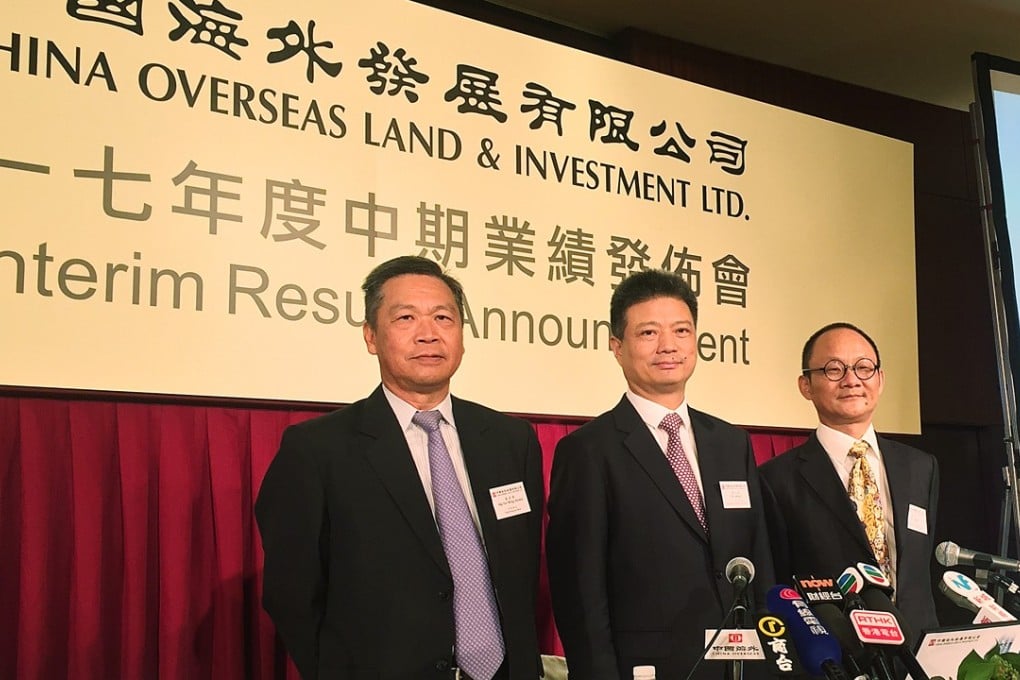 China Overseas Land officials at the interim results briefing on Monday. From left: chief financial officer Horace Nip Yun Wing, chairman Yan Jianguo and vice president Luo Liang. Photo: SCMP