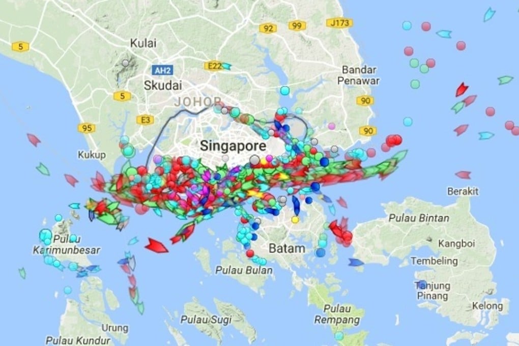 Map shows ship traffic Tuesday through the Singapore Strait, a 16-kilometre-wide maritime gantlet brimming with ships moving between the Indian Ocean and South China Sea. Photo: marinetraffic.com