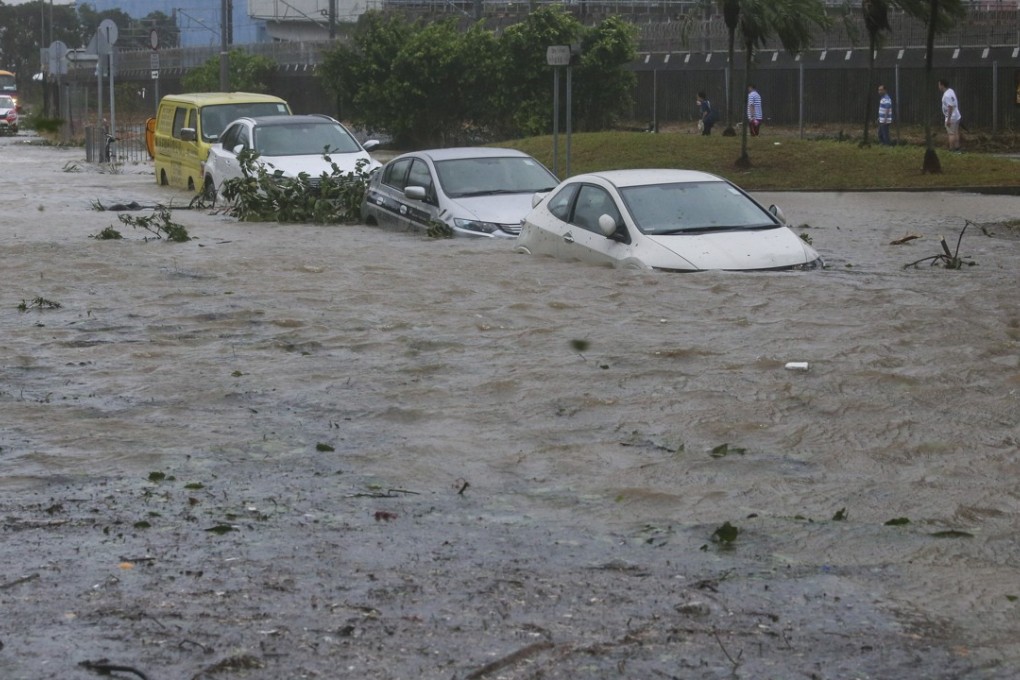 Flood and debris around Heng Fa Chuen in Chai Wan as Typhoon Hato hits Hong Kong. Photo: Sam Tsang