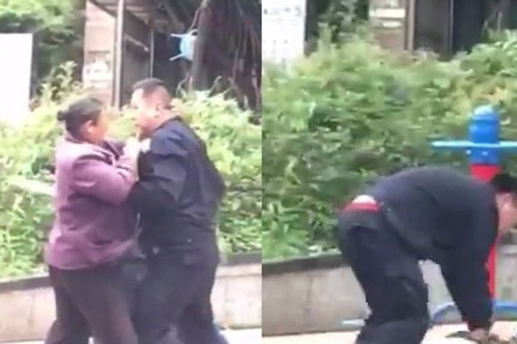 Two pictures of the chengguan attacking the couple in Kunming. Photo: Handout