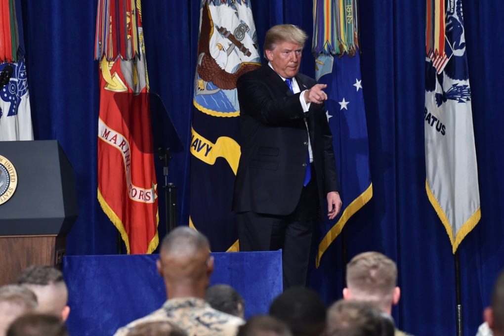 US President Donald Trump gives a speech at Fort Myer in which he said Washington would no longer tolerate Pakistan offering ‘safe havens’ to terrorists. Photo: AFP